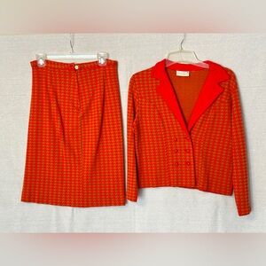 Vintage Two-Piece Red and Gold Houndstooth Skirt Jacket Set